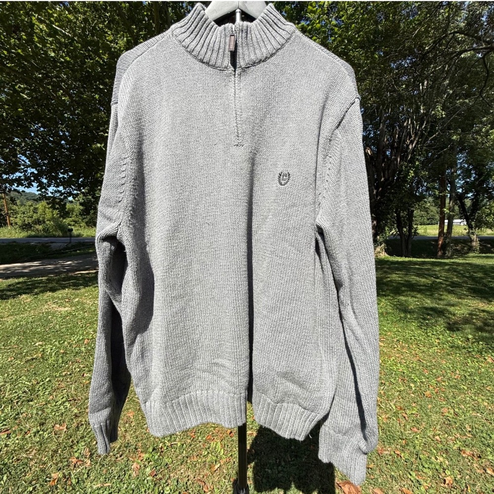 Chaps Mens XL Grey 100% Cotton Quarter Zip Mock Neck Shaker Knit Sweater Logo